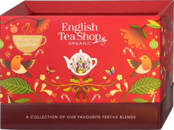 Czerwony kalendarz adwentowy English Tea Shop Organic z herbatą, zdobiony ptakami i świątecznymi motywami.