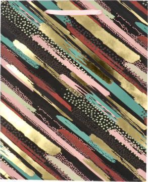Torebka premium stripes 26x32: czarna z ukośnymi pasami w złocie, różu, turkusie i kropkami, z uchwytami.