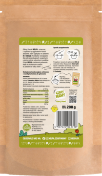 Tył brązowej torebki Bio Kaszki jaglano-orkiszowej Czary Mamy Helpa, etykieta ze składem i instrukcją.