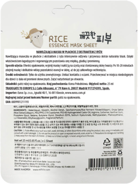 Tył opakowania Esfolio Rice Essence Mask Sheet, nawilżającej maski ryżowej w płachcie, widoczne składniki i instrukcje.