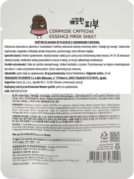 Tył opakowania maski Esfolio Ceramide Caffeine z instrukcją użycia, składem i polskim opisem produktu.