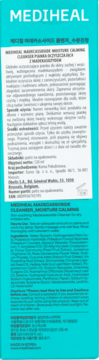 Tył niebieskiej butelki Mediheal Madecassoside Moisture Calming Cleanser z polskim i angielskim opisem produktu.