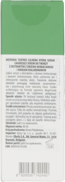 Tył opakowania serum Mediheal TeaTree Calming Hydra Serum 40 ml, z opisem, składem, kodem EAN i symbolem PAO.