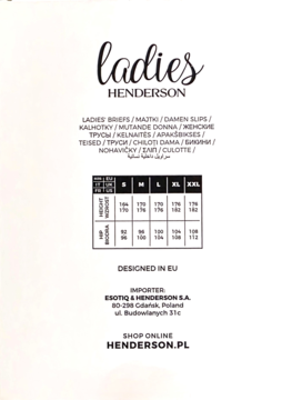 Henderson Ladies briefs size chart with S-XXL, height, hip measurements and brand details on white paper.