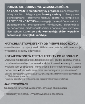 Ulotka AA LAAB MEN z opisem multifunkcyjnego programu z 5 Peptides x Cactus, korzyści i użycia.