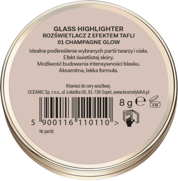 Tył okrągłego rozświetlacza AA Wings of Color Glass Highlighter 01 Champagne Glow, 8g, z kodem i opisem.