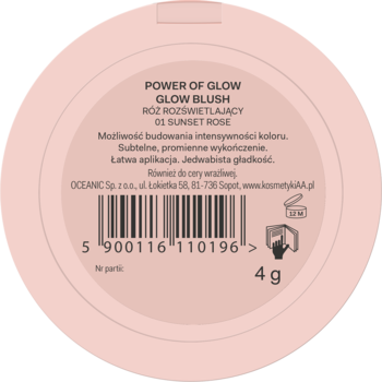 Tył różowego, okrągłego opakowania różu AA Power of Glow 01 Sunset Rose z kodem kreskowym i wagą 4g.