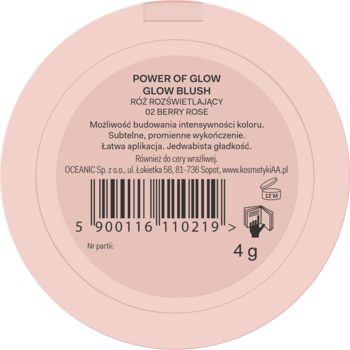 Tył okrągłego, różowego opakowania różu AA Wings of Color Power of Glow Berry Rose, z etykietą i kodem.