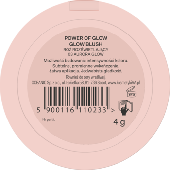 Tył jasnoróżowego, okrągłego różu rozświetlającego AA Power of Glow 03 Aurora Glow, z widocznym kodem kreskowym i wagą 4g.