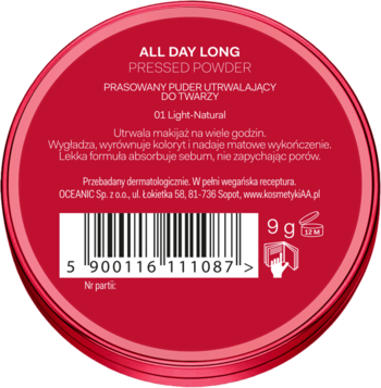 Tył okrągłego czerwonego opakowania prasowanego pudru utrwalającego AA All Day Long 9g Light Natural.