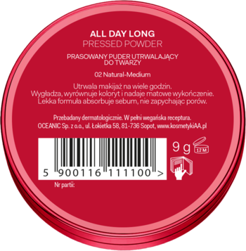AA WINGS OF COLOR All Day Long ,puder do twarzy, prasowany, nr 02 Natural-Medium,tył