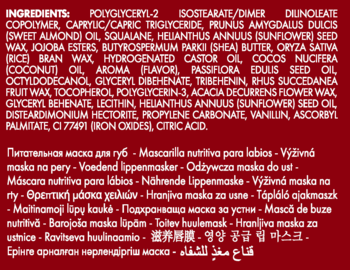 Lista składników odżywczej maski do ust i jej nazwy w wielu językach, biały tekst na czerwonym tle etykiety.