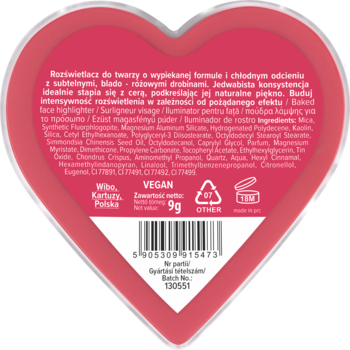 Tył różowego, wegańskiego rozświetlacza Lovely Glow For It! 9g w kształcie serca z etykietą i składem.