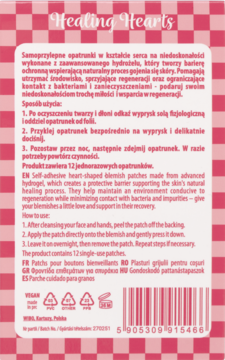 Tył różowego opakowania samoprzylepnych plastrów na wypryski Healing Hearts, z instrukcją użycia.