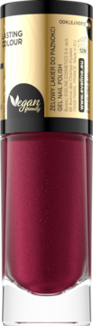 Eveline Vegan Gel Nail Polish w bordowej butelce, metaliczny kolor, widok z przodu. Etykieta „LASTING COLOUR”.