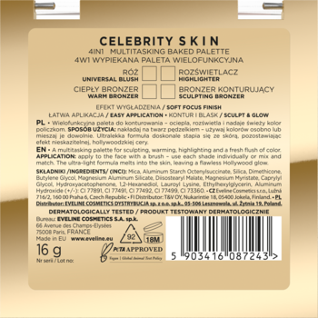 Tył złotego opakowania palety Celebrity Skin 4in1 Multitasking Baked Palette z opisem i składem, 16g.
