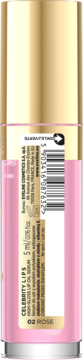 Tył różowego olejku do ust Eveline Celebrity Lips 02 Rose, złota nakrętka, etykieta z kodem kreskowym i opisem.