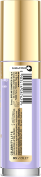 Eveline Celebrity Lips High Gloss Lip Oil Serum 03 VIOLET, przezroczysta butelka ze złotą zakrętką, widok z tyłu.