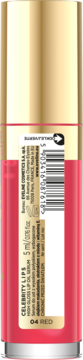 Czerwony olejek do ust Eveline Celebrity Lips 5ml, widok z boku z widoczną etykietą i kodem kreskowym.