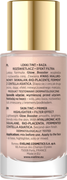 Tył beżowej butelki Eveline Glow Booster 4w1 Skin Tint i Primer ze złotą nakrętką, z tekstem o składzie i użyciu.