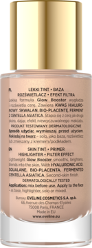 Eveline Celebrity Skin 4w1 Skin Tint Primer Glow Booster. Tył beżowej butelki, widoczne opisy składu i użycia.