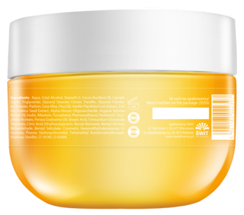 Tył kremu do ciała Sol De Salvador No. 28, zapach kawy i wanilii, pomarańczowy słoik z etykietami.