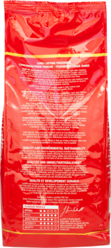 Tył czerwonej paczki kawy ziarnistej Lucaffé Mamma Lucia z żółtymi paskami, opisem i tabelą profilu smaku.