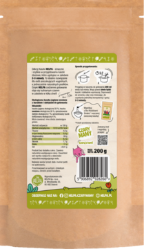 Tył brązowego opakowania kaszki jaglano-owsianej Helpa, z tabelą wartości odżywczych i instrukcją.