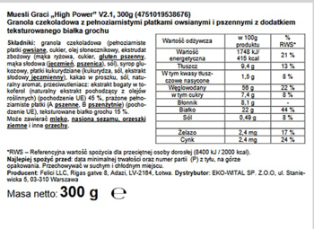 Morelli Grani High Power V2.1, granola czekoladowa: tył opakowania z wartościami odżywczymi i składem.