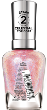 Tył butelki Miracle Gel Celestial Top Coat. Różowy, brokatowy lakier do paznokci z srebrną nakrętką i kodem kreskowym.