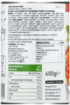 Tył puszki wegetariańskiego dania ravioli, 400g, z widoczną tabelą wartości odżywczych i listą składników.