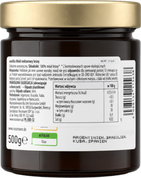 Tylna etykieta słoika enerBiO Ekologiczny Miód Nektarowy Leśny 500g, z tabelą wartości odżywczych.