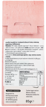 Tył różowego opakowania truskawek w czekoladzie jogurtowej z polskim spisem składników i wartościami odżywczymi.