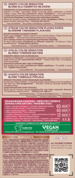 Tył opakowania farby Garnier Color Sensation HL3 Honey Blonde, z informacjami o składnikach, pojemności i certyfikatami.