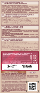 Tył opakowania Garnier Color Sensation HL3 Honey Blonde, z listą składników, opisem w wielu językach, logiem Cruelty Free i Vegan.