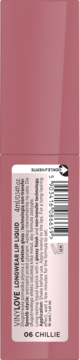 Eveline Vinylove Longwear Lip Liquid 06 Chillie, różowo-brązowa, zbliżenie na pionową etykietę z kodem.