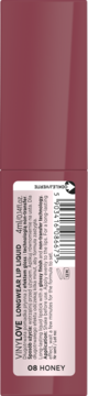 Eveline Vinylove Longwear Lip Liquid 08 Honey, brązowa pomadka w płynie, zbliżenie na etykietę.