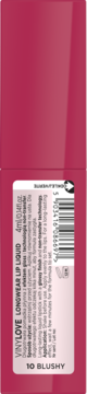 Tył różowego Eveline VINYLOVE LONGWEAR LIP LIQUID 10 BLUSHY z kodem kreskowym i opisem technologii glossy finish.