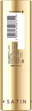 Złoty błyszczyk Celebrity Lips Satin 400 HALO, tył opakowania z białą odklejoną etykietą i kodem kreskowym.