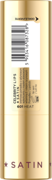 Szminka Celebrity Lips Satin 601 Heat w złotej tubce. Widok boczny z etykietą częściowo odklejoną, kod kreskowy.