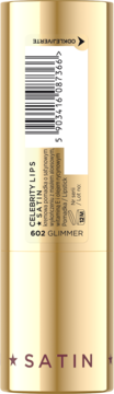 Tył złotej szminki Eveline Celebrity Lips Satin 602 Glimmer z etykietą, kodem kreskowym i napisem "ODKLEJVERTE".