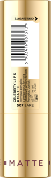 Tył złotej pomadki Celebrity Lips Matte 507 Bare. Kremowa formuła, matowe wykończenie, etykieta z kodem.