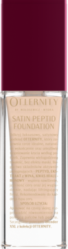 Otternity Satin Peptid Foundation w szklanej butelce z beżowym płynem i burgundową nakrętką, widok z przodu.
