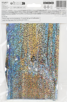 Tył opakowania kurtyny Party holograficznej 100x200 cm, folia metaliczna w przezroczystej torbie.