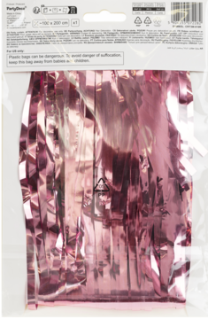 Tył opakowania różowozłotej, metalizowanej kurtyny Party, 100x200cm. Przezroczysta folia, widoczne paski.