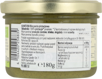 Tył szklanego słoika z zieloną pastą pistacjową Alnatura Bio. Widoczna etykieta ze składnikami i kodem kreskowym.