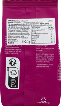 Tył magenta torebki Alnatura z malinami liofilizowanymi (20g), widoczne dane odżywcze i symbole.