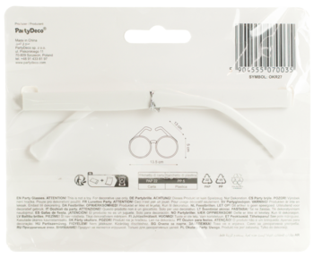 Tył przezroczystego opakowania białych okularów Serduszka, z widocznym kodem kreskowym i diagramami.