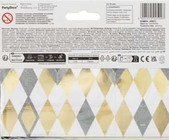 Tył opakowania papierowych koron PartyDeco z informacjami i ostrzeżeniami, wzór w złoto-srebrne romby.