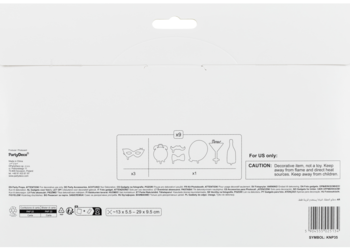 Tył białego opakowania Gadżety do zdjęć Let's Party, z ilustracjami rekwizytów i informacjami o produkcie.